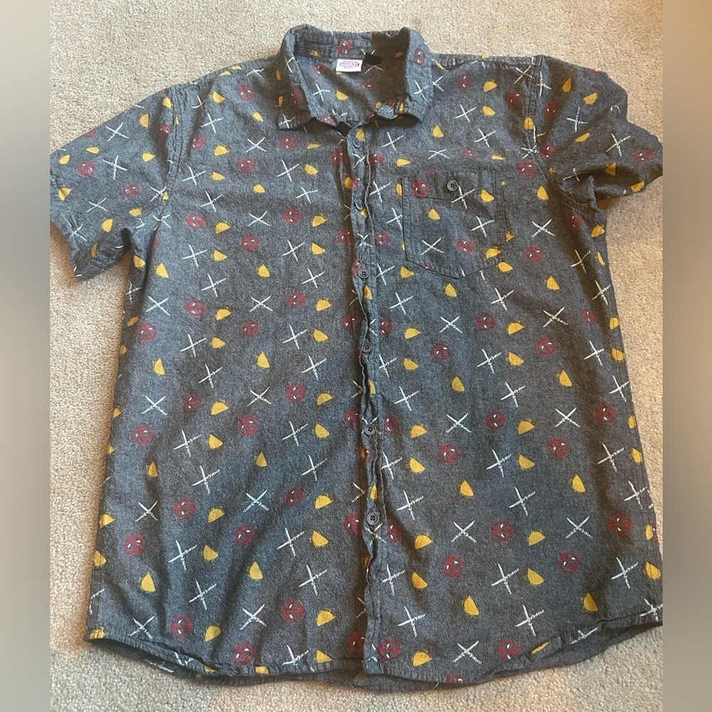Marvel Men’s Deadpool Tacos Button Up Shirt with Collar Dark Gray Shirt XL